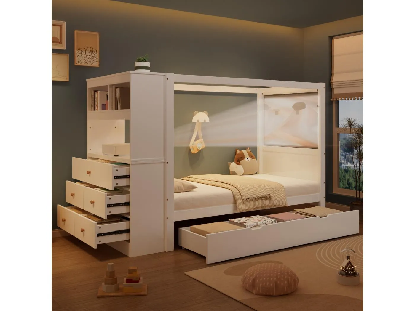 Einzel-Kinderbett - 90 x 200 cm - mit Stauraum + 5 Schubladen - Kiefer + PB - weiß + natur