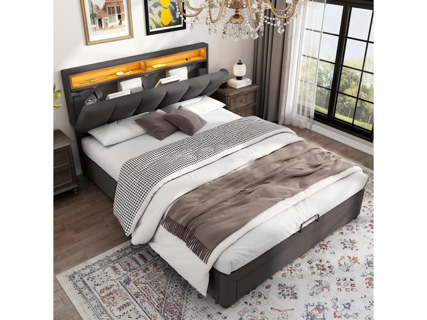 140x200 cm Brustbett in grauer Leinen, LEDs und Köpfe, hydraulische Bettkasten