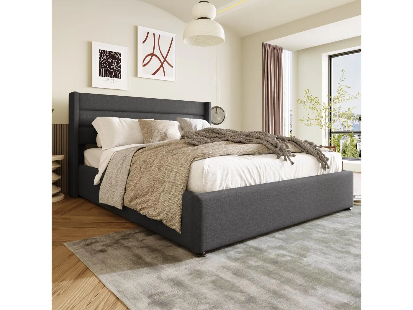 180 x 200 cm Bett mit Stauraum – Graues Leinen – Polsterbett mit Kopfteil und Lattenrost – Ohne Matratze