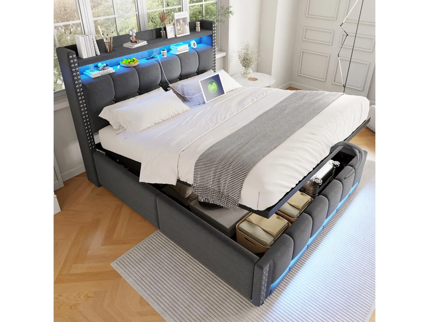 140x200 cm Stauraumbett - Erwachsenenbett mit LED-Beleuchtung und USB-Ladefunktion - kopfteil mit stauraum - graues leinen