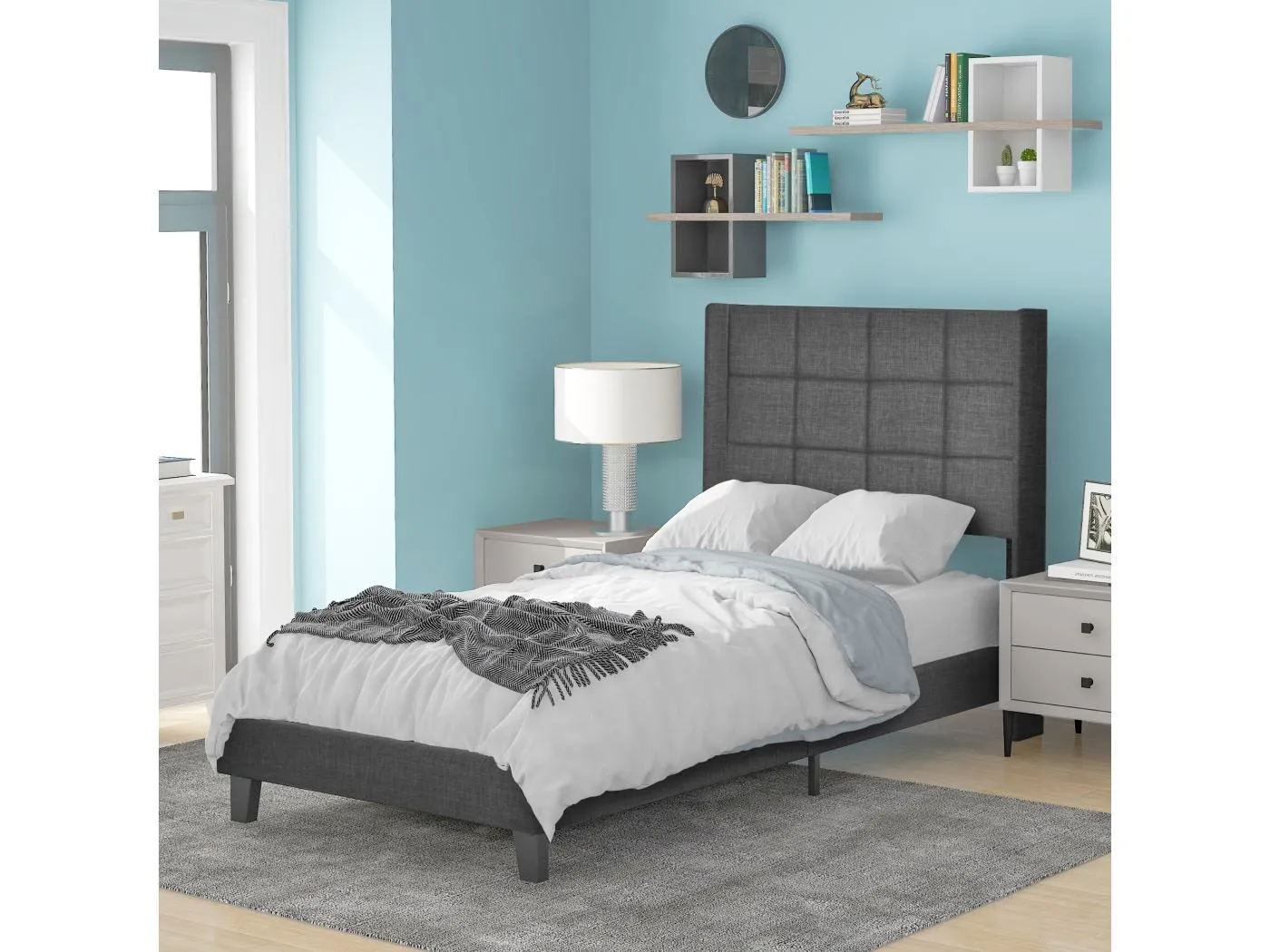 Bett 90 x 200 cm – graues Leinen – Kinderbett mit gepolstertem Kopfteil und Lattenrost – ohne Matratze