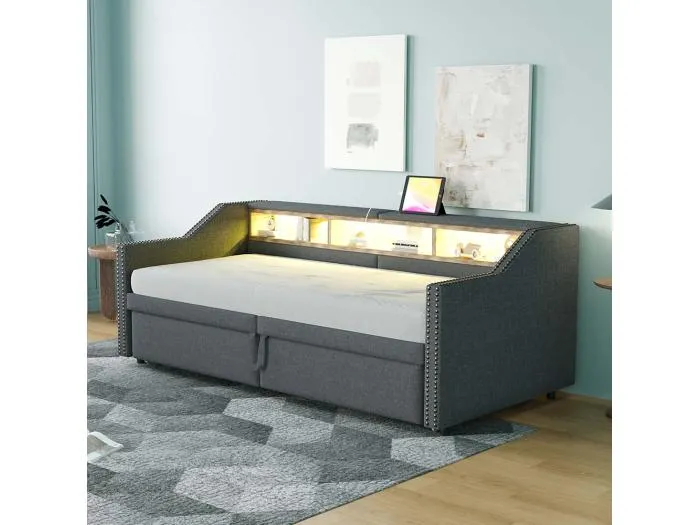 Ausziehbares Ausziehbett 90/180 x 200 cm, Staufach, LED-Beleuchtung und USB-Anschluss, dunkelgrau