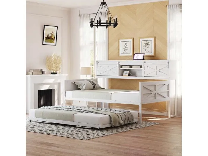 Ausziehbett 90 x 200 cm, mit Staufächern und Multifunktionssteckdose, weiß