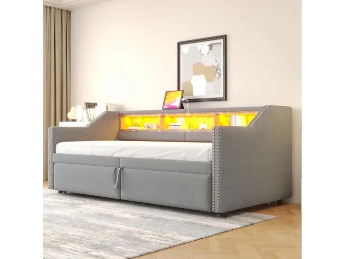 Ausziehbares Ausziehbett 90/180 x 200 cm, Staufach, LED-Beleuchtung und USB-Anschluss, hellgrau