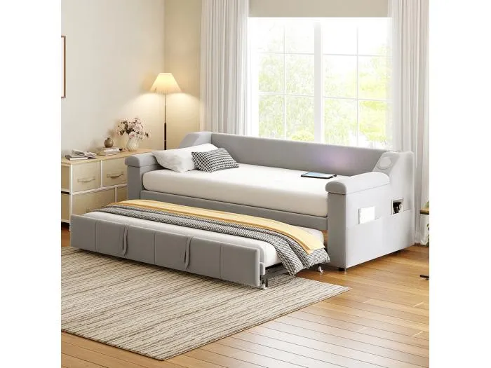 Ausziehbett, 90/180*190 cm, mit Bluetooth Smart Stereoanlage und USB-Ladeanschluss, Samtstoff, hellgrau