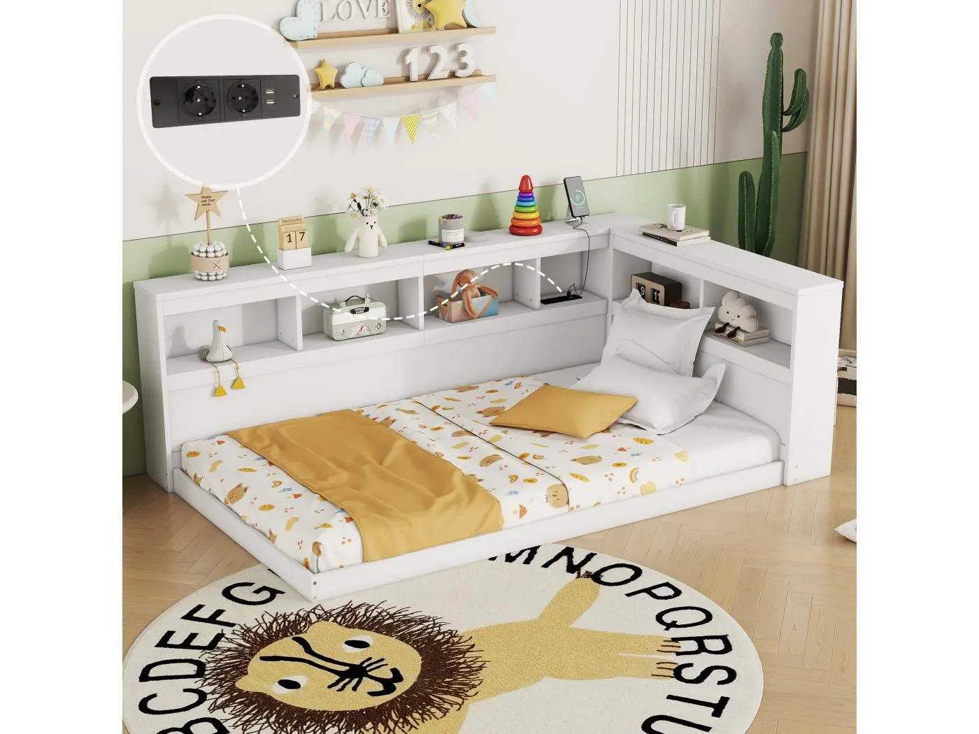 Tagesbett 90 x 200 cm, Erwachsenenbett mit Steckdose und 2 USB-Anschlüssen, Holzlattenrost, weiß, ohne Matratze