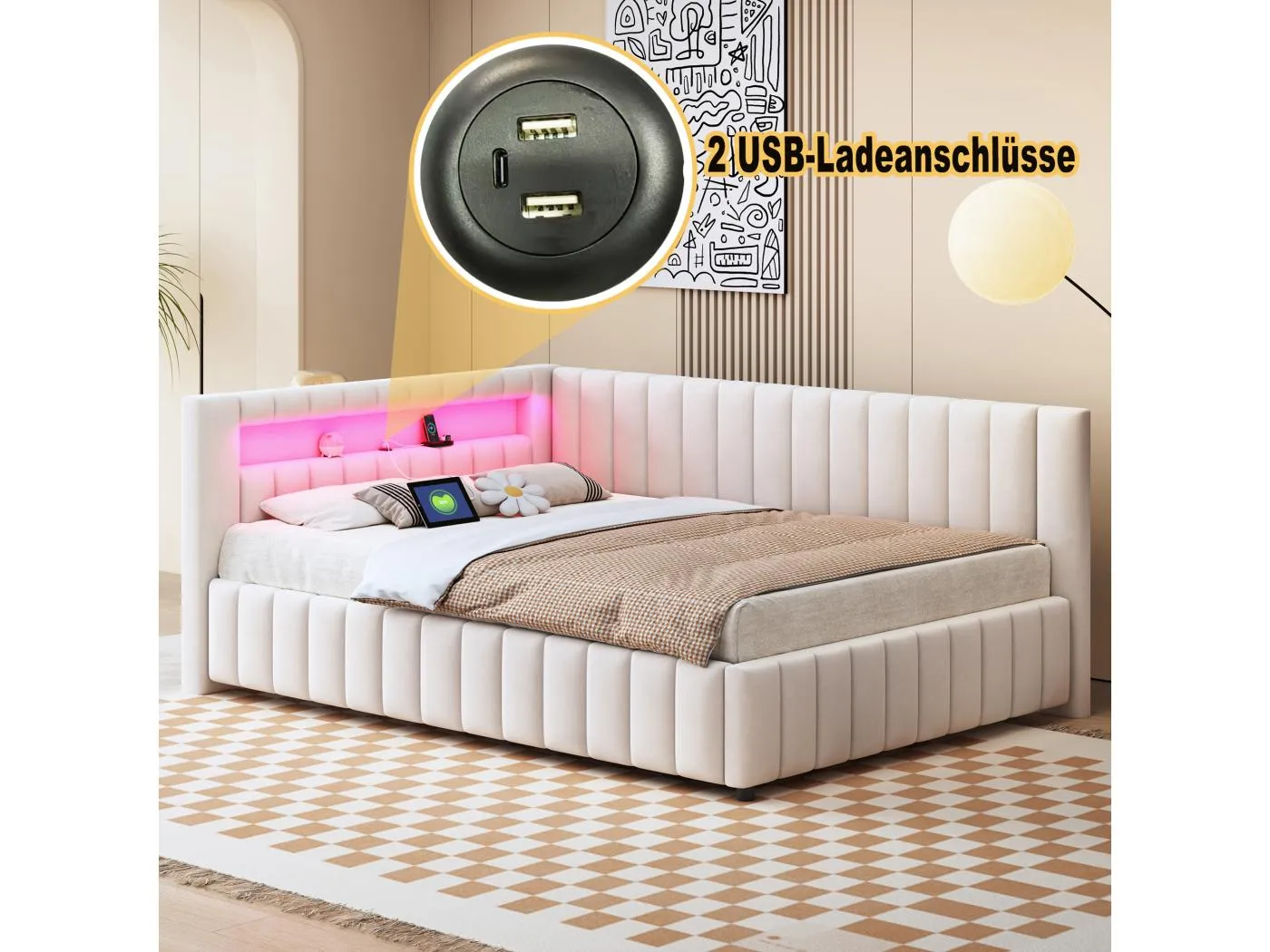Tagesbett 140 x 200 cm – Beigefarbener Samt – Erwachsenenbett mit LED-Beleuchtung und USB-Ladeanschluss – Ohne Matratze