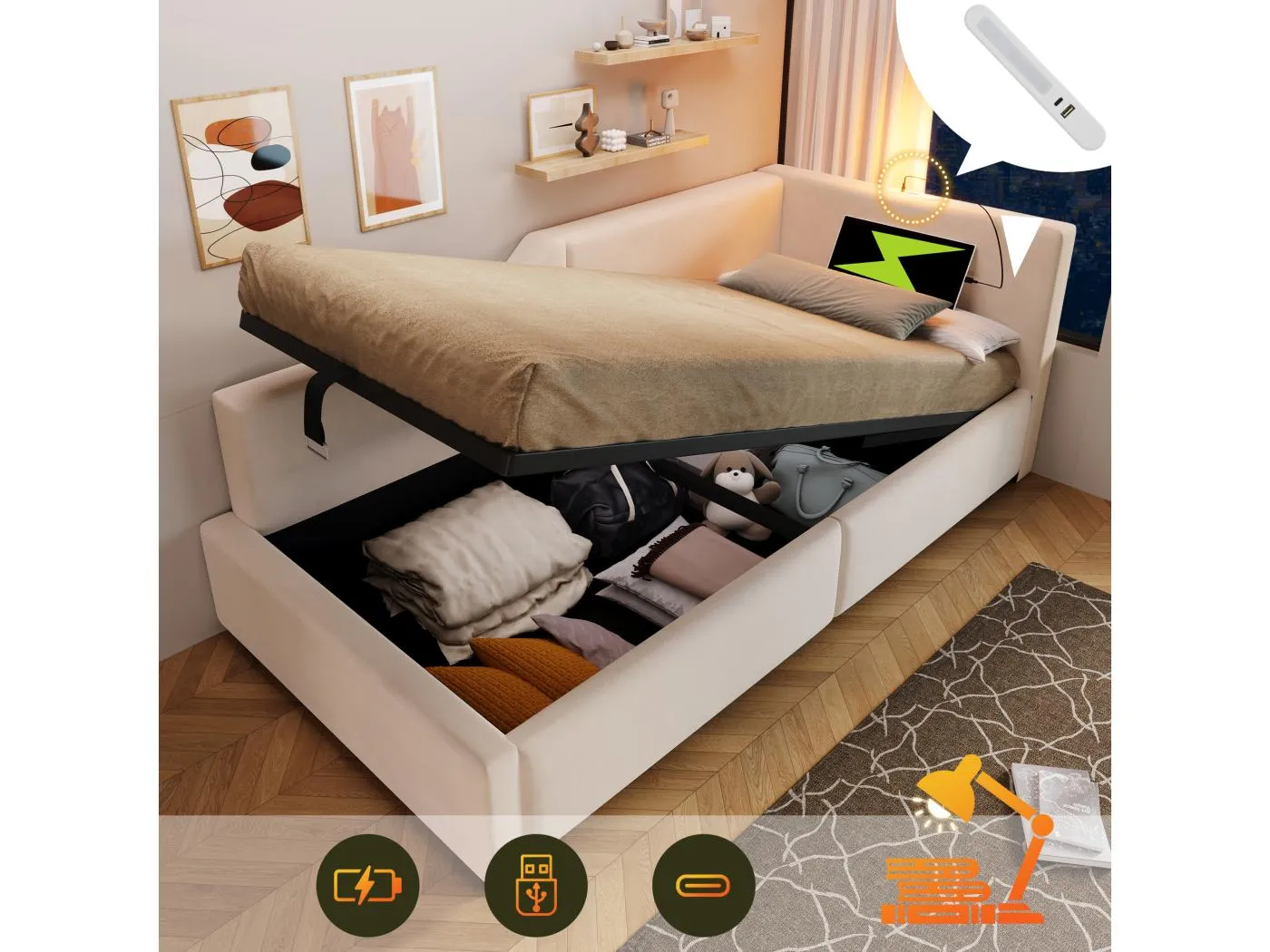 90 x 190 cm Schlafsofa, beigefarbener Samt, Bett mit Stauraum, Leselampe und USB-Ladefunktion, ohne Matratze