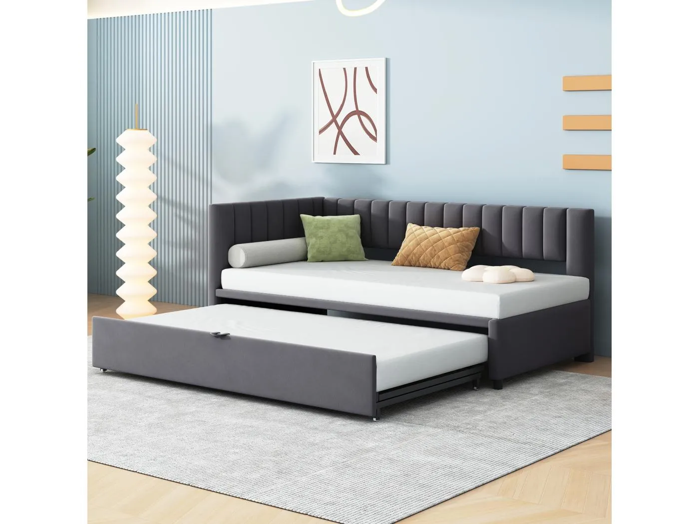 Tagesbett 90/180 x 200 cm – dunkelgrauer Samt – Kinderbett mit gepolsterter Rückenlehne und Lattenrost – ohne Matratze