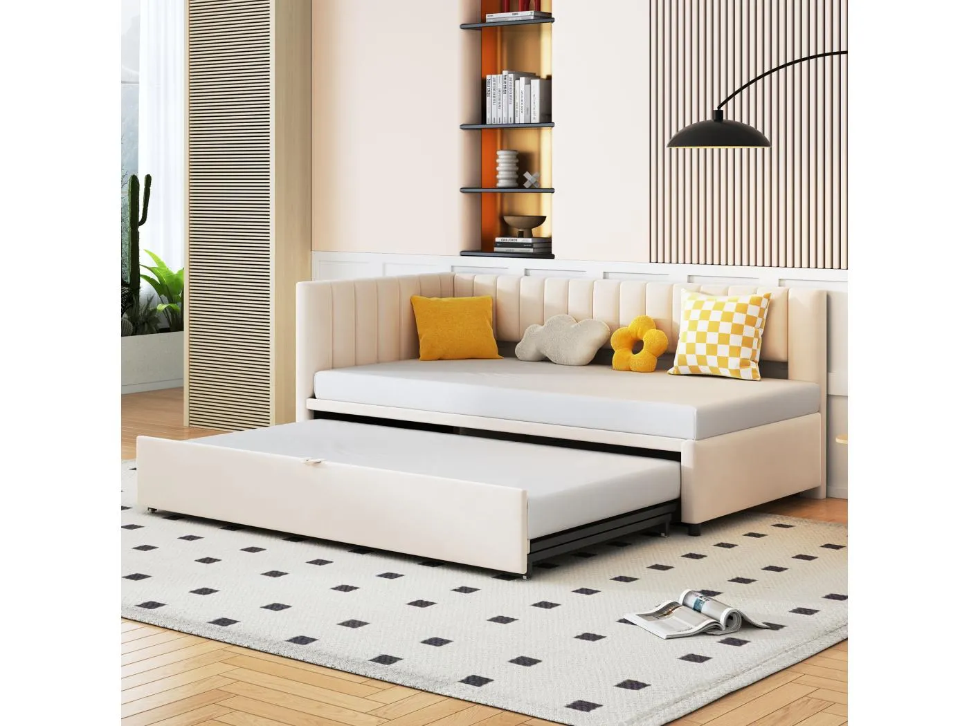 Tagesbett 90/180 x 200 cm – beigefarbener Samt – Kinderbett mit gepolsterter Rückenlehne und Lattenrost – ohne Matratze