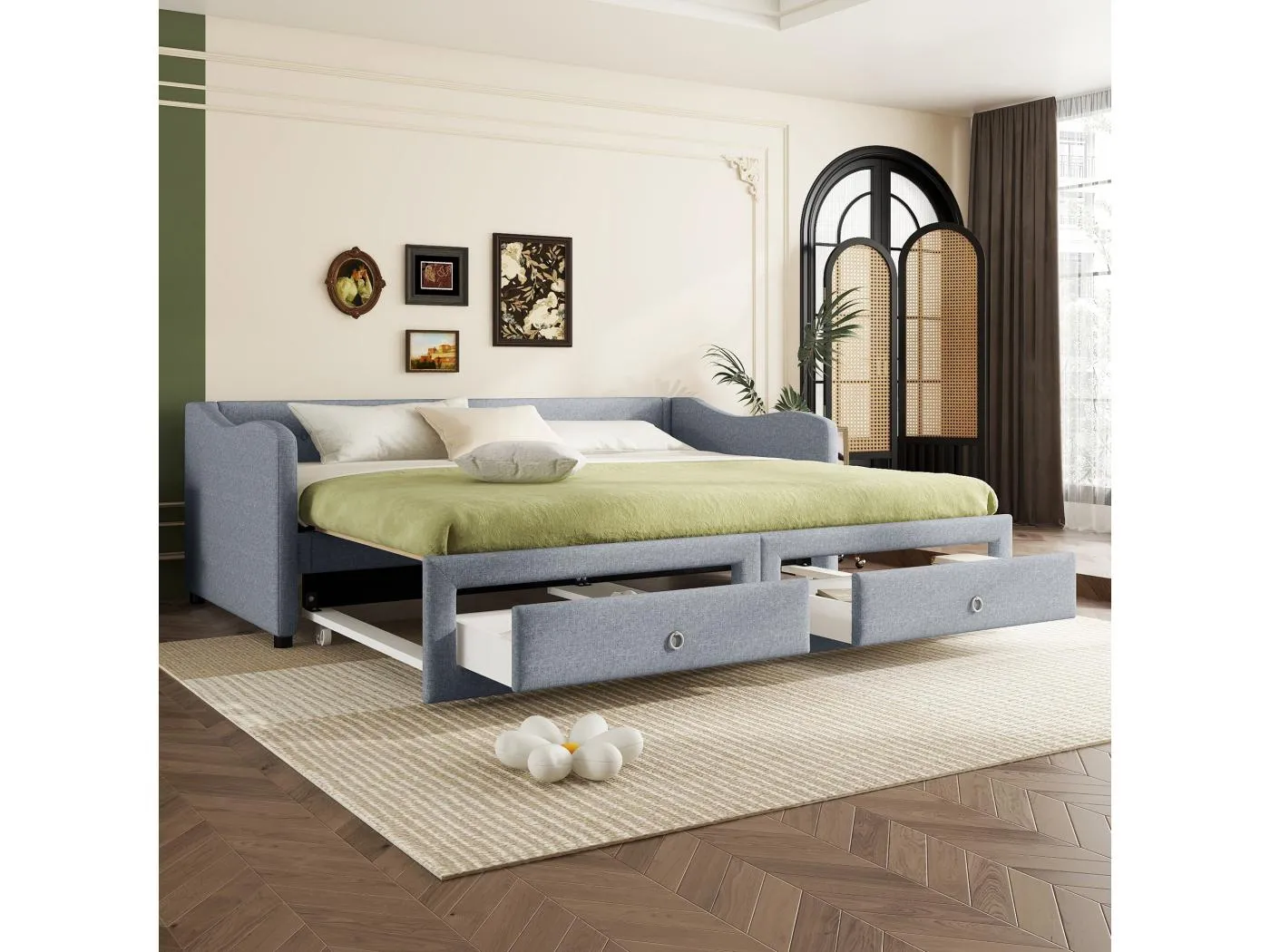 Tagesbett 90 x 200 cm, graues Leinen, Ausziehbett mit 2 Schubladen und Lattenrost, ohne Matratze