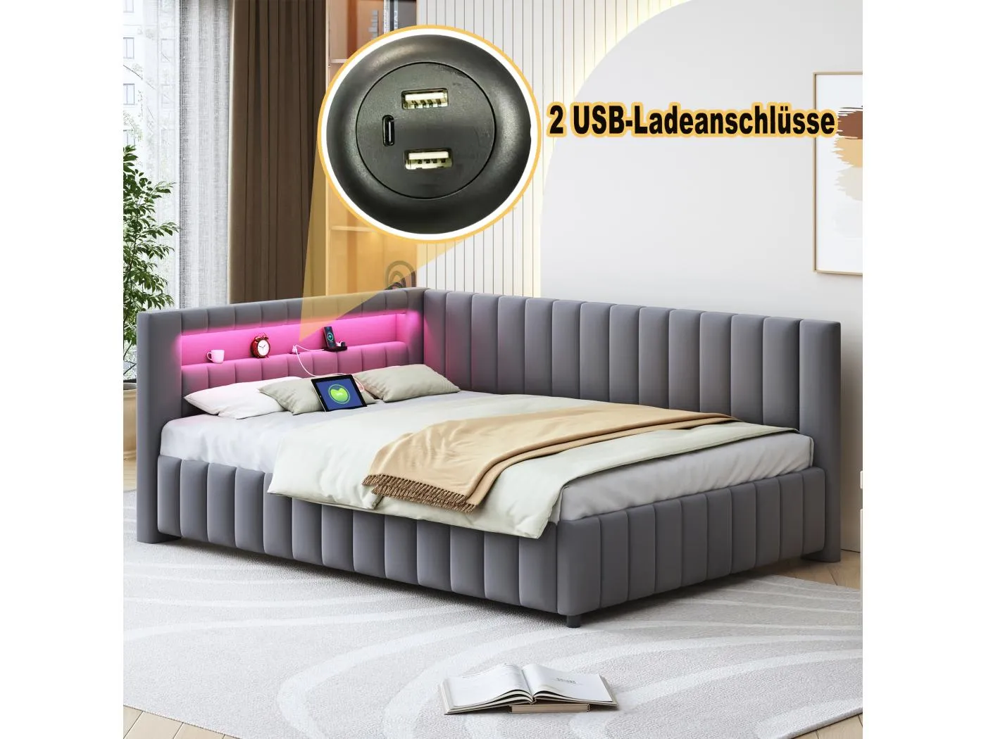 Tagesbett 140 x 200 cm – Dunkelgrauer Samt – Erwachsenenbett mit LED-Beleuchtung und USB-Ladeanschluss – Ohne Matratze