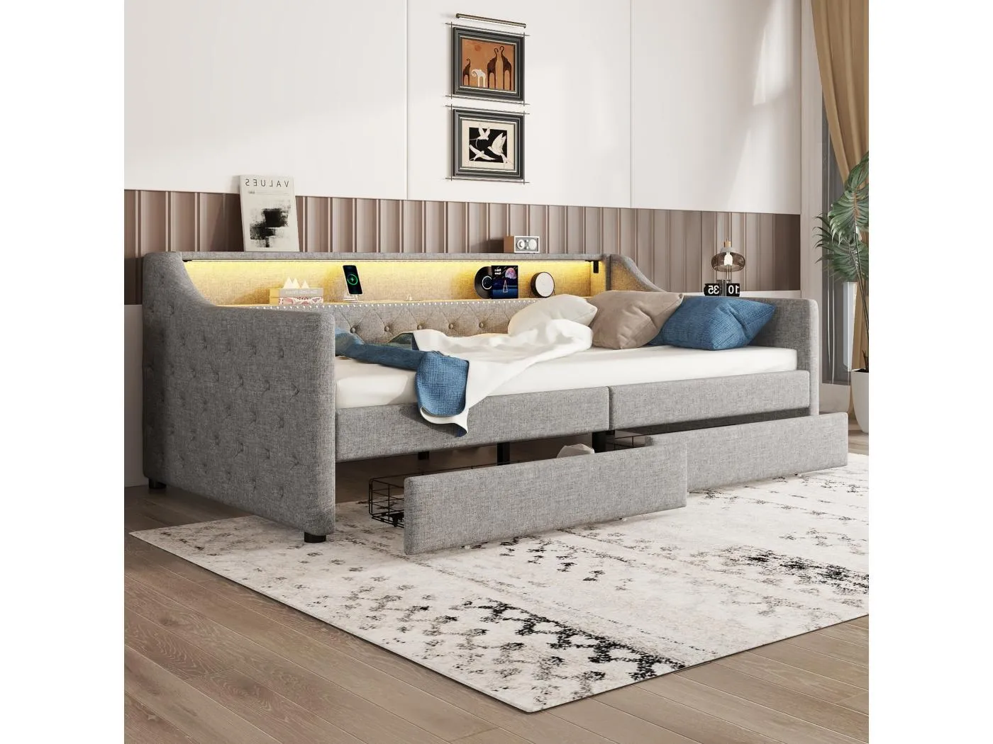 Tagesbett 90 x 200 cm, graues Leinen, Erwachsenenbett mit USB-Ladefunktion und Beleuchtung, 2 Schubladen, ohne Matratze