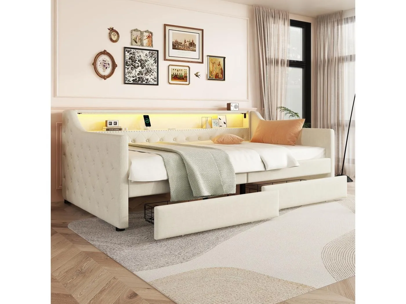 Tagesbett 90 x 200 cm, beigefarbenes Leinen, Erwachsenenbett mit USB-Ladefunktion und Beleuchtung, 2 Schubladen, ohne Matratze