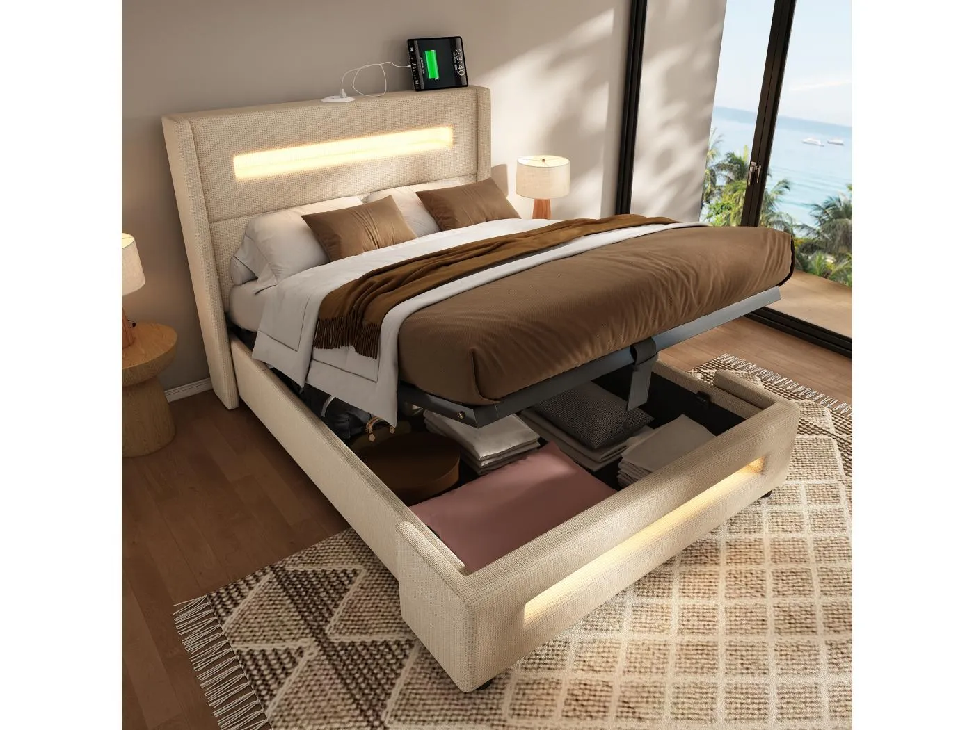 Stauraumbett 90 x 200 cm, beigefarbenes Leinen, mit LED-Beleuchtung und USB-C-Ladefunktion, Lattenrost aus Holz