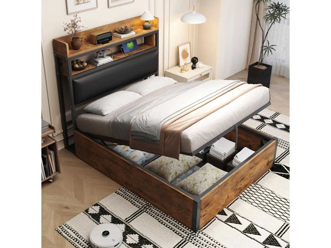 Vintage Bett mit Stauraum – 90 x 200 – mit USB + gepolstertem Kopfteil mit Stauraum – Metall + Stoff + MDF – schwarz