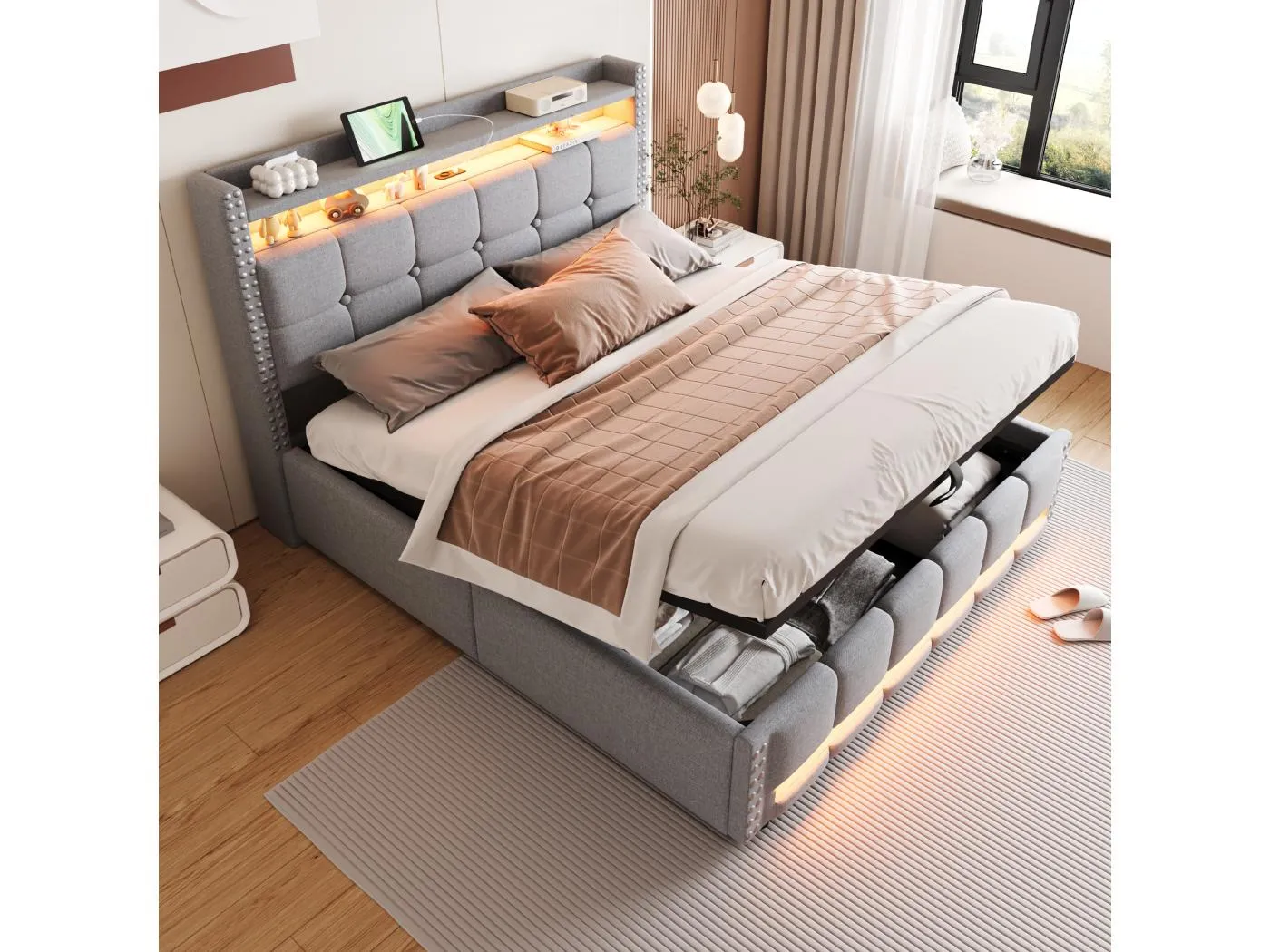 140 x 200 cm Bett mit Stauraum – Erwachsenenbett mit LED-Beleuchtung und USB-Anschluss – kopfteil mit regalen und stauraum – hellgraues leinen
