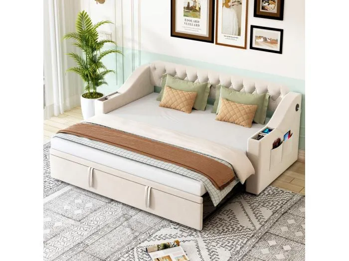 Schlafsofa 90/180x190cm - Ausziehbett - mit USB/Typ C + Seitentaschen + integriertem Regal - Samt - Beige