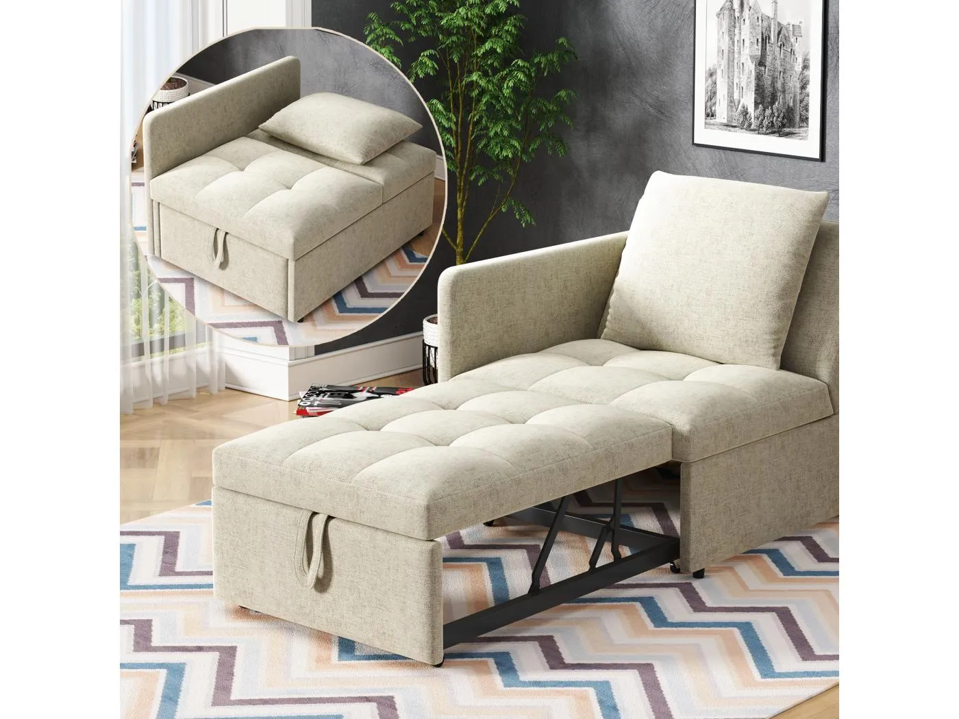 3-in-1 Polstersofa - Schlafsofa - 60 x 150 cm - Sofa mit verstellbarer Rückenlehne - Leinenstoff - Beige