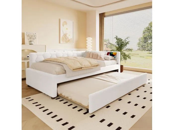 Nestbank-Bett 90 x 200 cm aus weißem Samt - mit Nachttischlampe und USB + Typ C