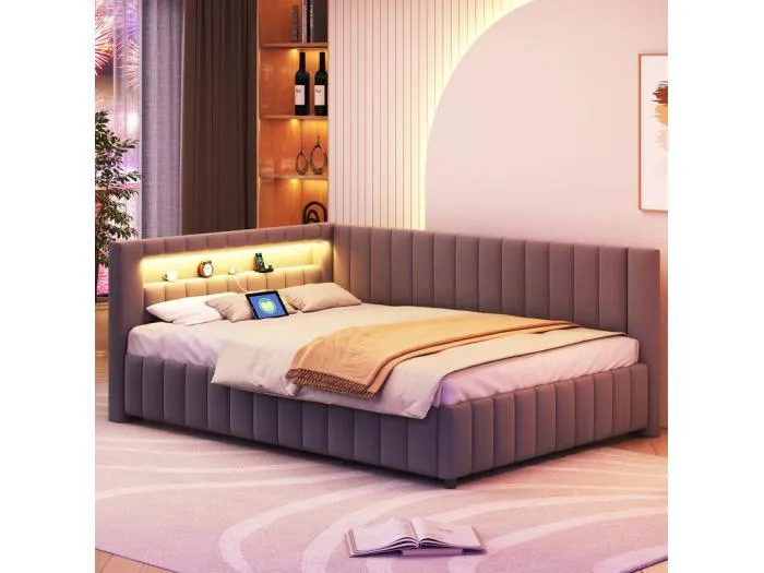 Gepolsterte Sitzbank als Bett 140x200 cm, Schlafsofa mit LED, USB, Rücken- und Kopfteil, Grau