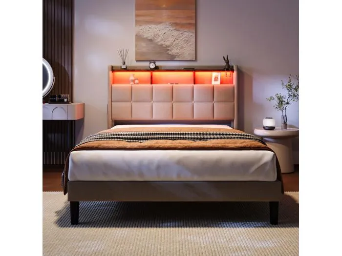 Gepolstertes Bett 140x200 cm aus Leinen, verstellbares Kopfteil 113-123 cm, mit USB und RGB-LED, Beige