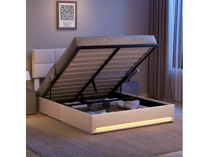 Lit coffre 160x200 cm mit verstellbarem Kopfteil - RGB-LED - USB+Type-C - in Samt - Beige