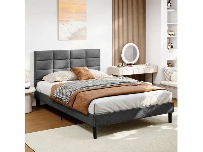 Doppelbett gepolstert 140x200 cm aus Leinen, mit Kopfteil und Lattenrost, Anthrazitgrau