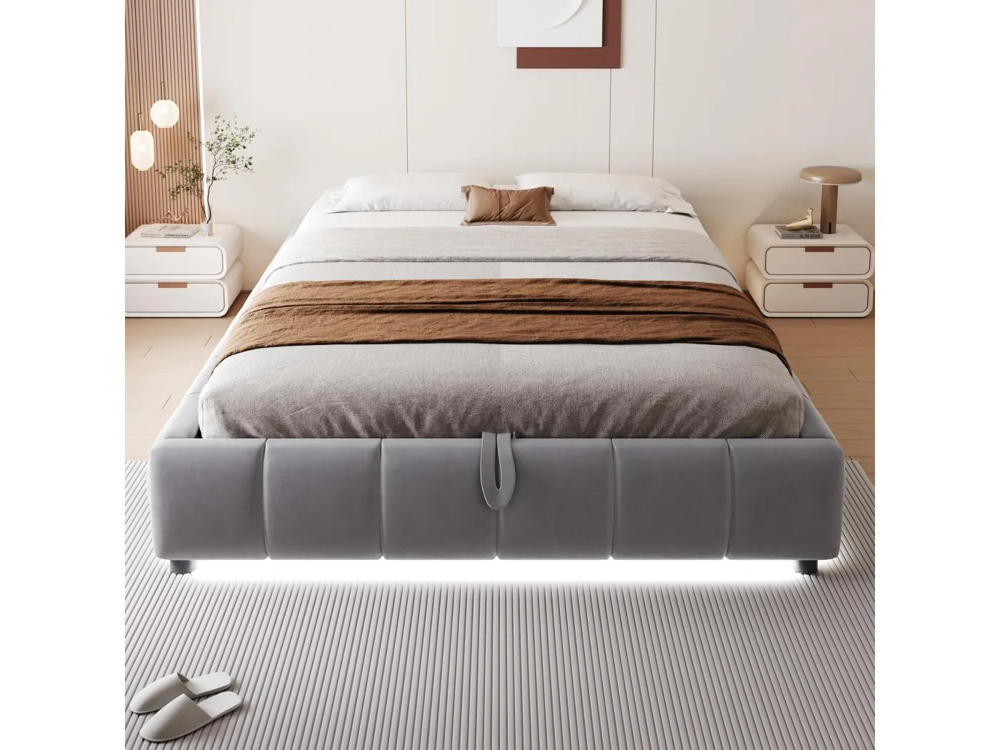 Polsterbett für Erwachsene 140 x 200 cm, ohne Kopfteil, mit LED-Streifen (einfarbig), Lattenrost mit hydraulischer Federung, grau