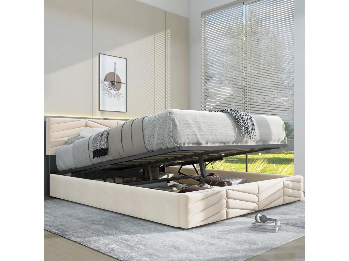 140 x 200 cm Bett mit Stauraum – beigefarbener Samtstoff – Erwachsenenbett mit höhenverstellbarem Kopfteil – ohne Matratze