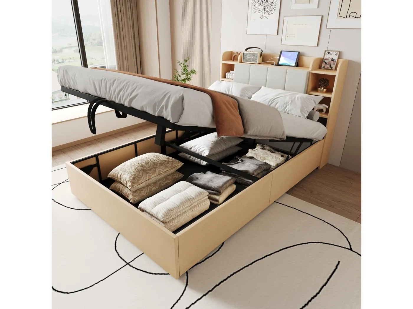 140 x 200 cm Bett mit Stauraum – Erwachsenenbett mit Kopfteil, Stauraum und USB-Ladefunktion – Naturholz – ohne Matratze