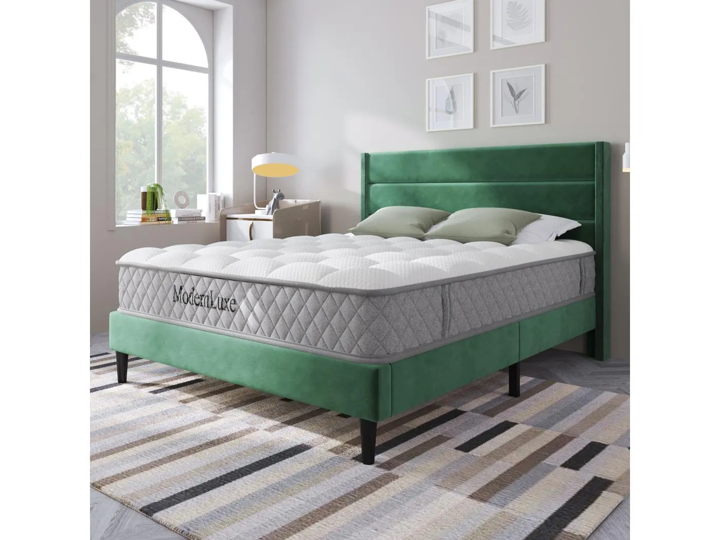 Polsterbett Doppelbett - 140 x 200 cm - mit Lattenrost + Kopfteil - Leinen - Grün (mit Matratze)