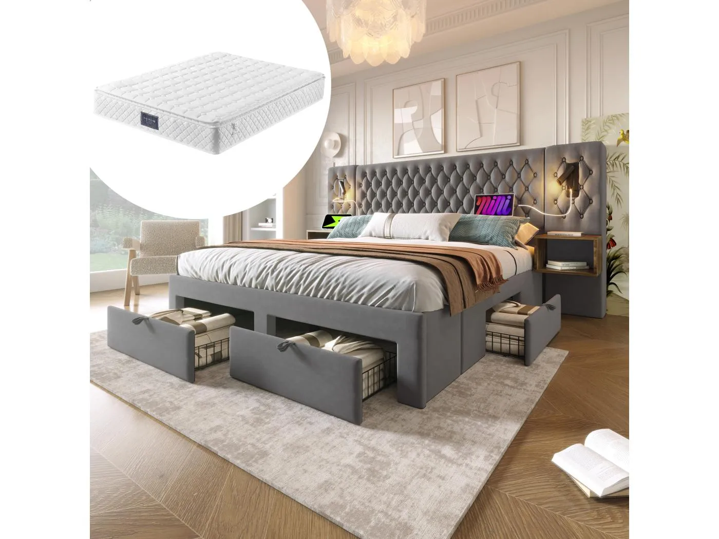 Stauraumbett - 160 x 200 cm - mit 2 Nachttischen + 4 Schubladen + Kopfteillampe - Samt - grau (mit Matratze)