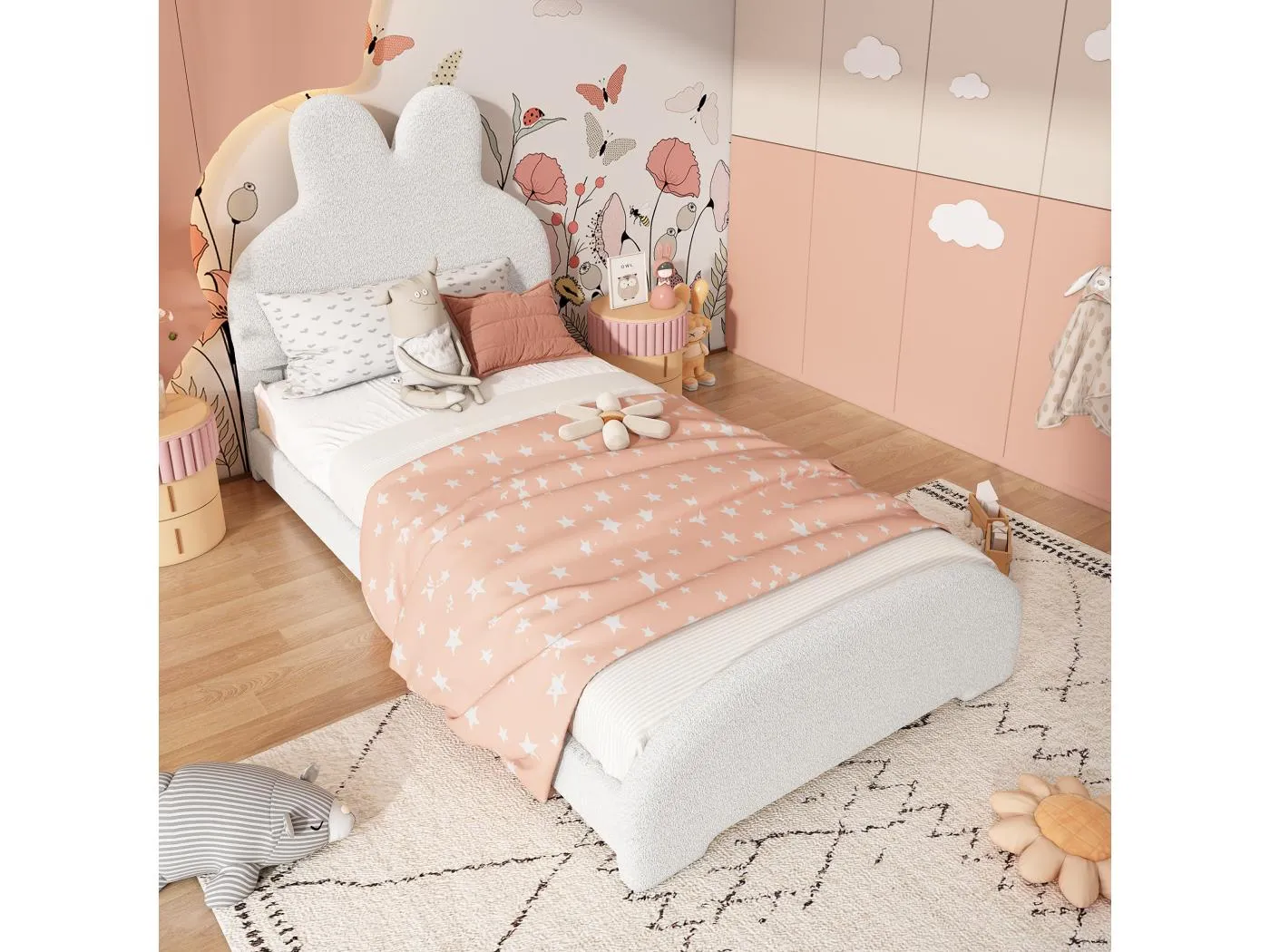 Einzelbett 90x200 cm, weißer Plüsch, Kinderbett mit Hasenohren-Kopfteil - ohne Matratze