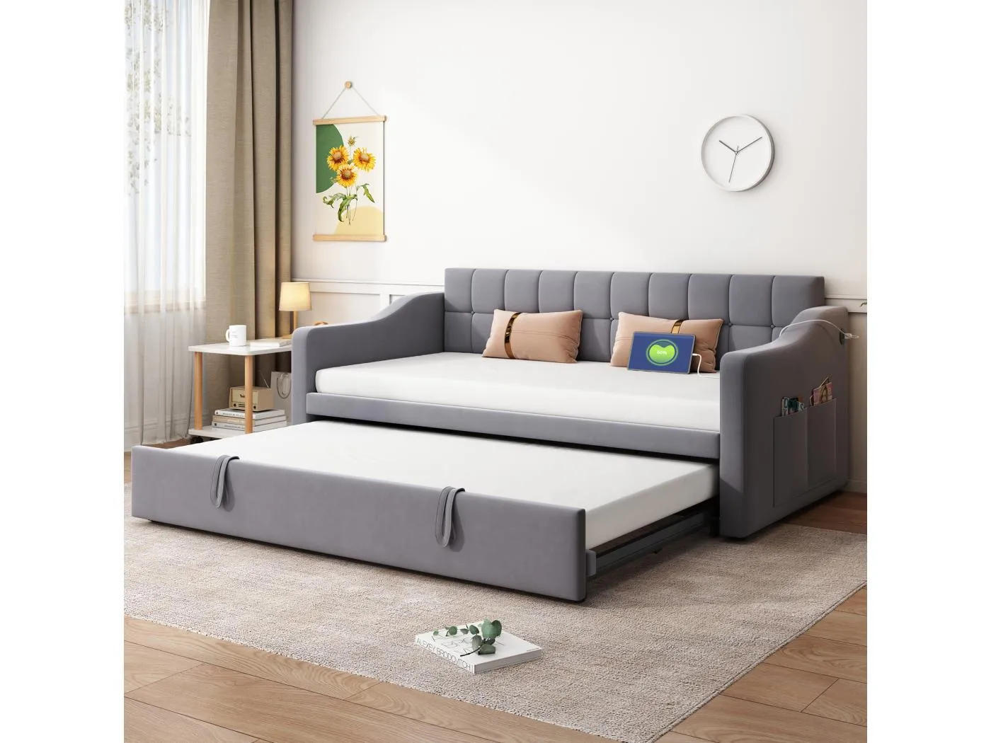 Schlafsofa 90/180 x 190 cm, grauer Samt, mit Ausziehbett und USB-Anschluss – ohne Matratze