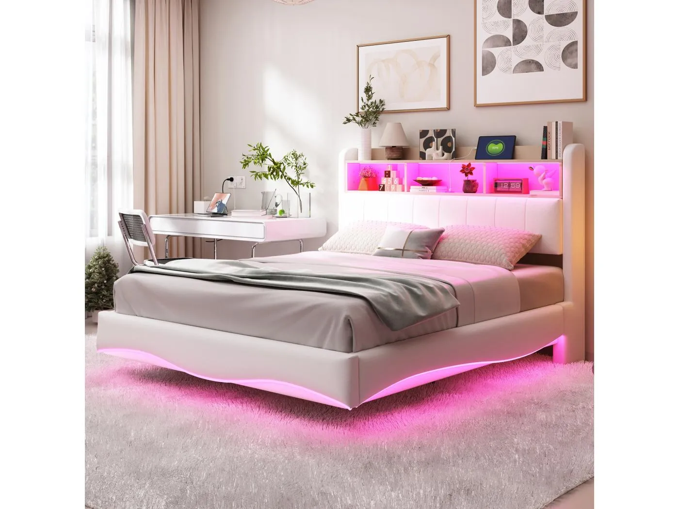 Doppelbett 140 x 200 cm, beigefarbenes Leinen, Doppelbett mit LED-Beleuchtung und USB-/Typ-C-Anschlüssen, Kopfteil mit Stauraum