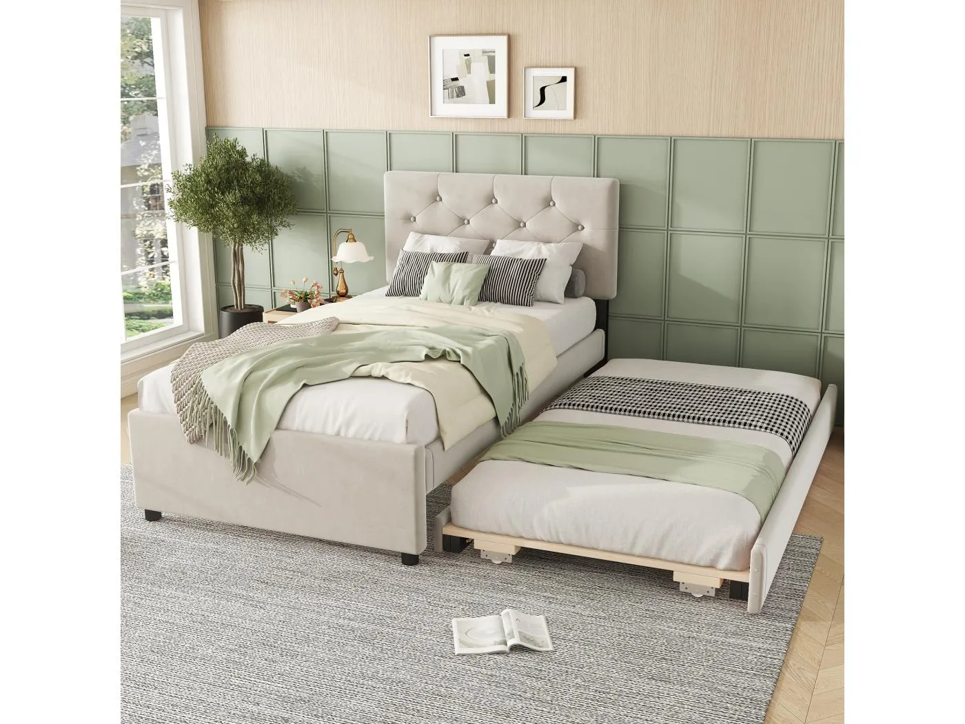 Kinderbett 90 x 200 cm, Samt beige, mit Ausziehbett und Lattenrost – ohne Matratze