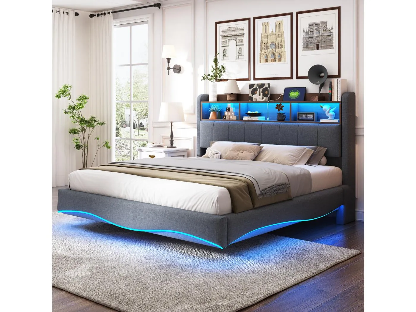 Doppelbett 160 x 200 cm, graues Leinen, Doppelbett mit LED-Beleuchtung und USB-/Typ-C-Anschlüssen, Kopfteil mit Stauraum