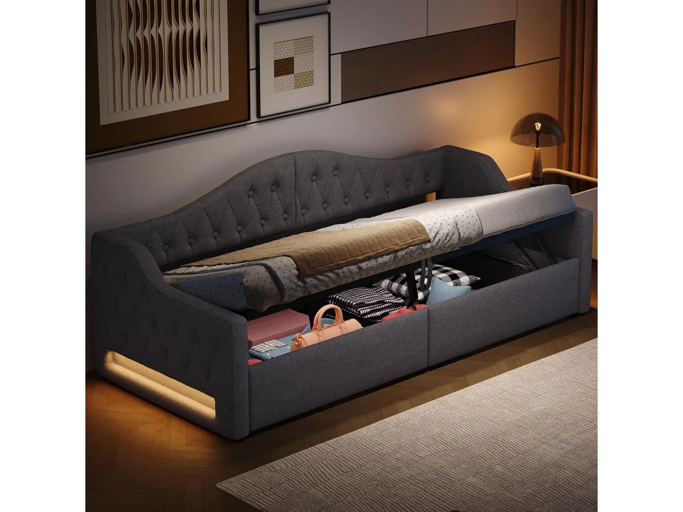 Schlafsofa 90 x 200 cm, graues Leinen, Bettkasten mit LED-Lichtleiste und Lattenrost – ohne Matratze