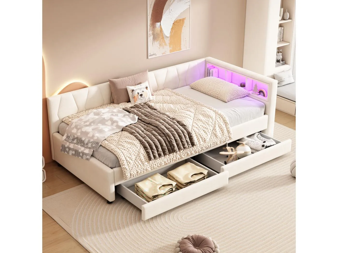 90 x 200 cm Schlafsofa, beigefarbenes Leinen, Einzelbett, LED-Beleuchtung, 2 Schubladen, USB-Anschluss – Matratze nicht enthalten