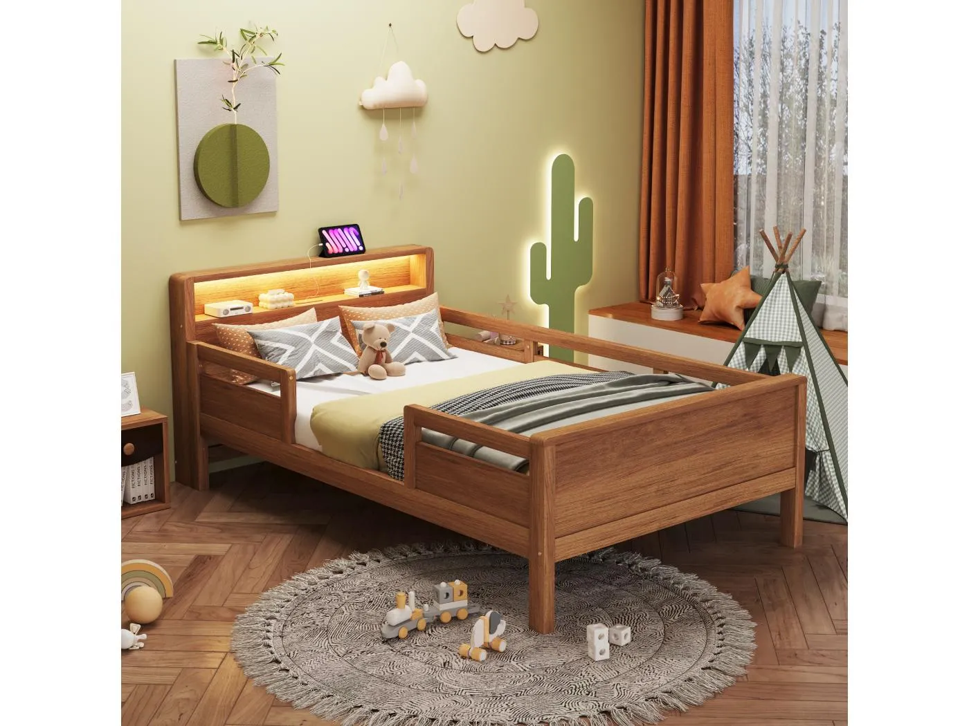 Kinderbett 90 x 200 cm, Einzelbett mit LED-Licht und USB-Anschluss, holzfarben, Kiefernholz – ohne Matratze