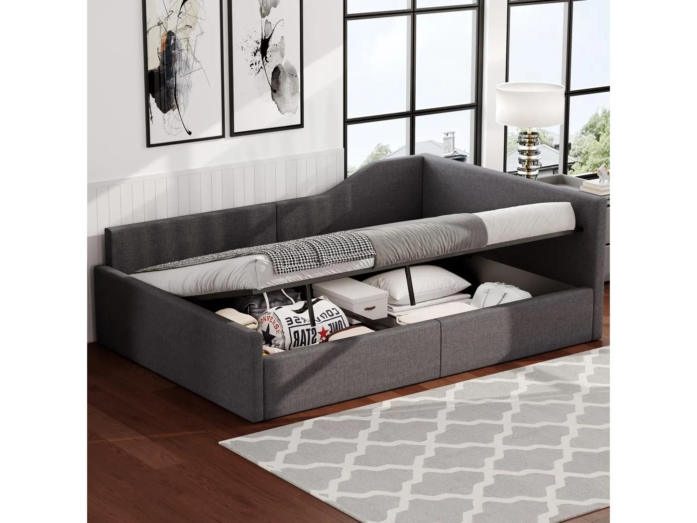 Schlafsofa 140 x 200 cm, Leinen grau, mit Stauraum und Lattenrost – ohne Matratze