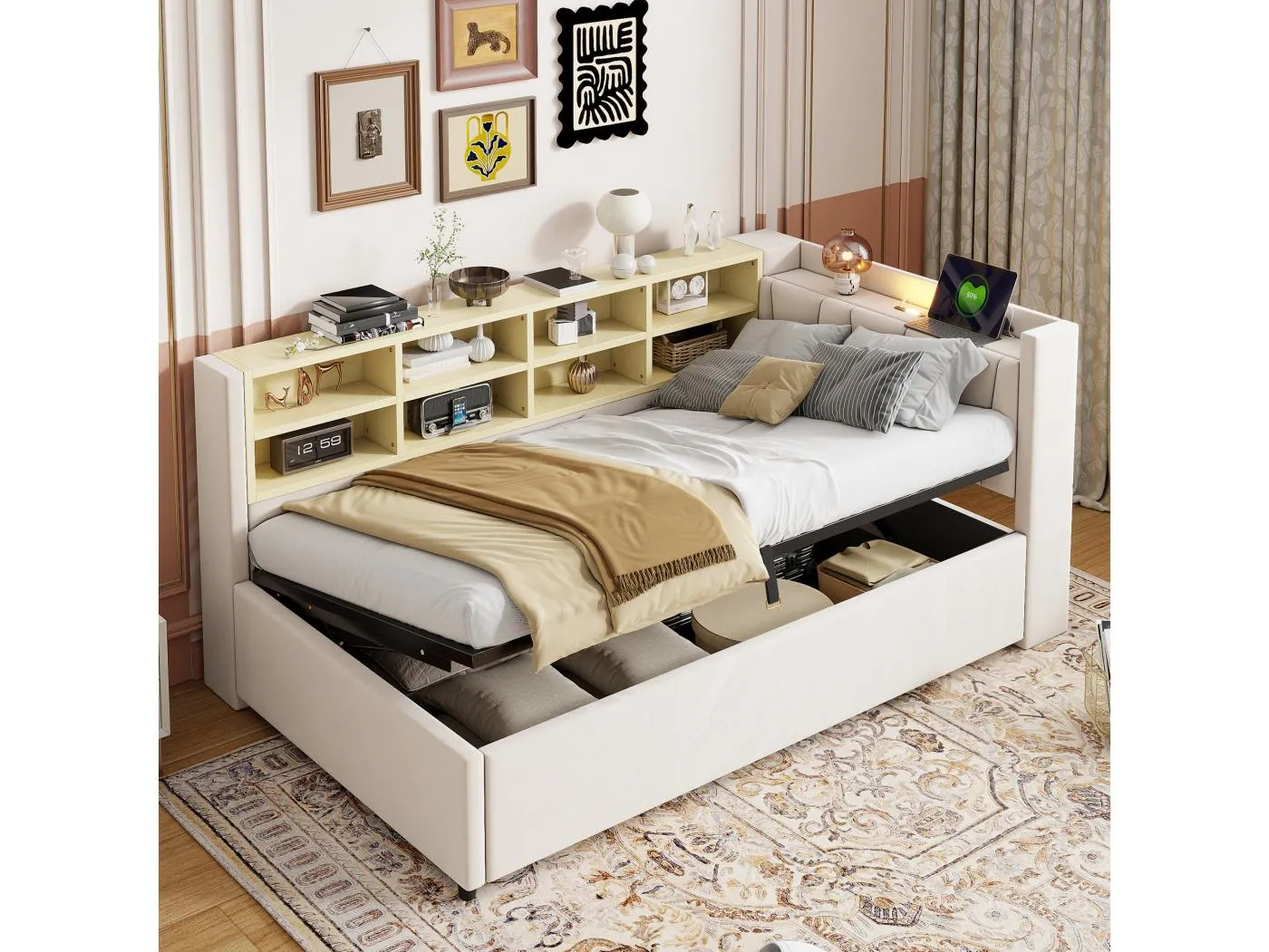 Schlafsofa 90 x 200 cm, beigefarbener Samt, Stauraumbett mit LED-Licht und USB-Anschluss, Ablagefach – ohne Matratze