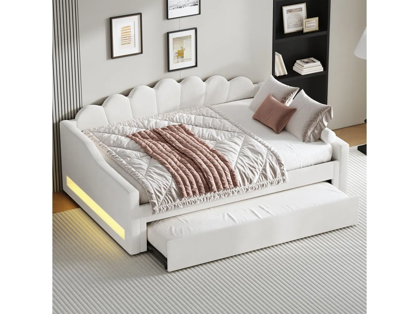 Schlafsofa 140 x 200 cm, beigefarbenes Leinen, Ausziehbett mit LED-Beleuchtung – ohne Matratze