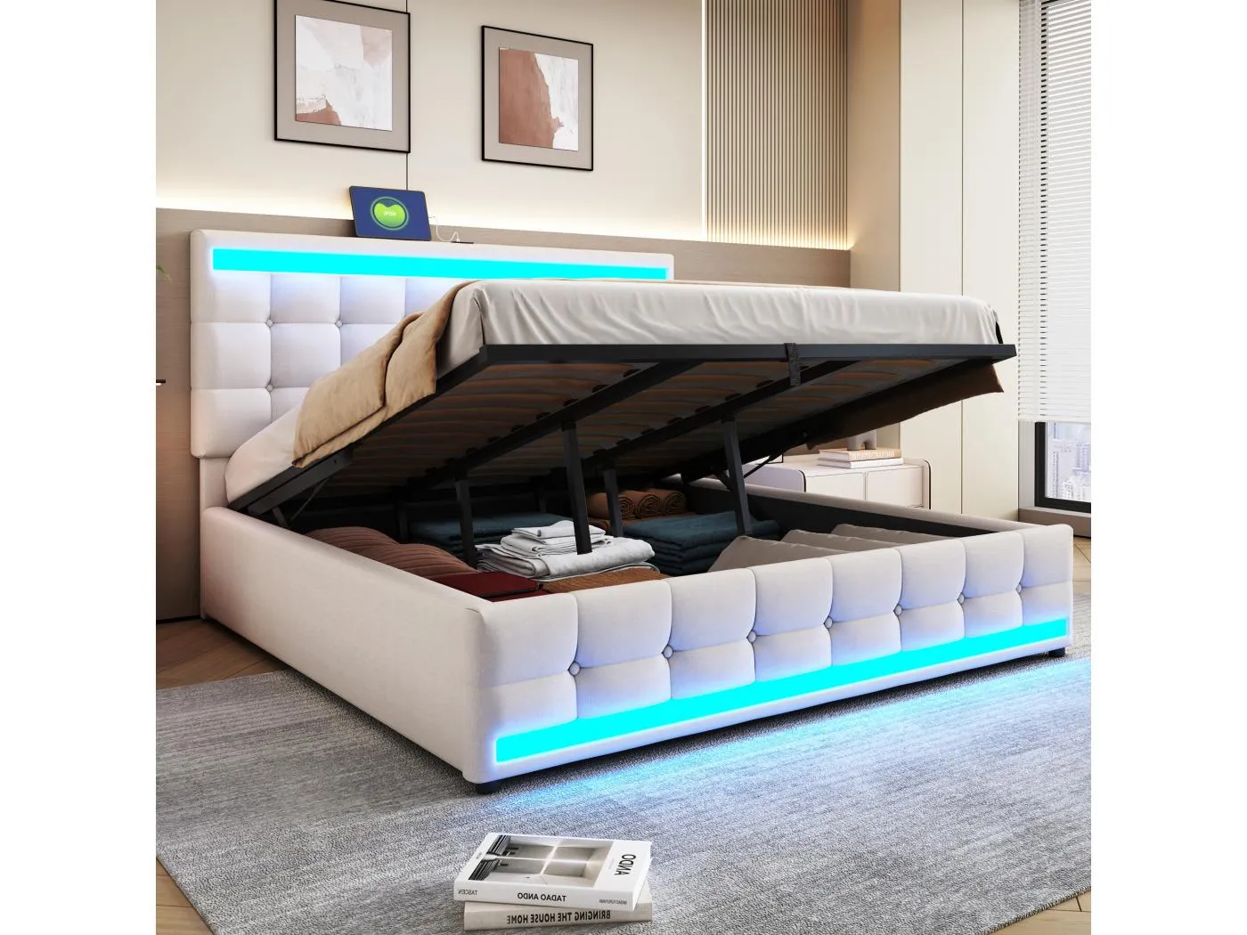 Bett mit Stauraum 180 x 200 cm, beigefarbenes Leinen, Doppelbett, LED-Beleuchtung und USB-Anschluss – Matratze nicht enthalten