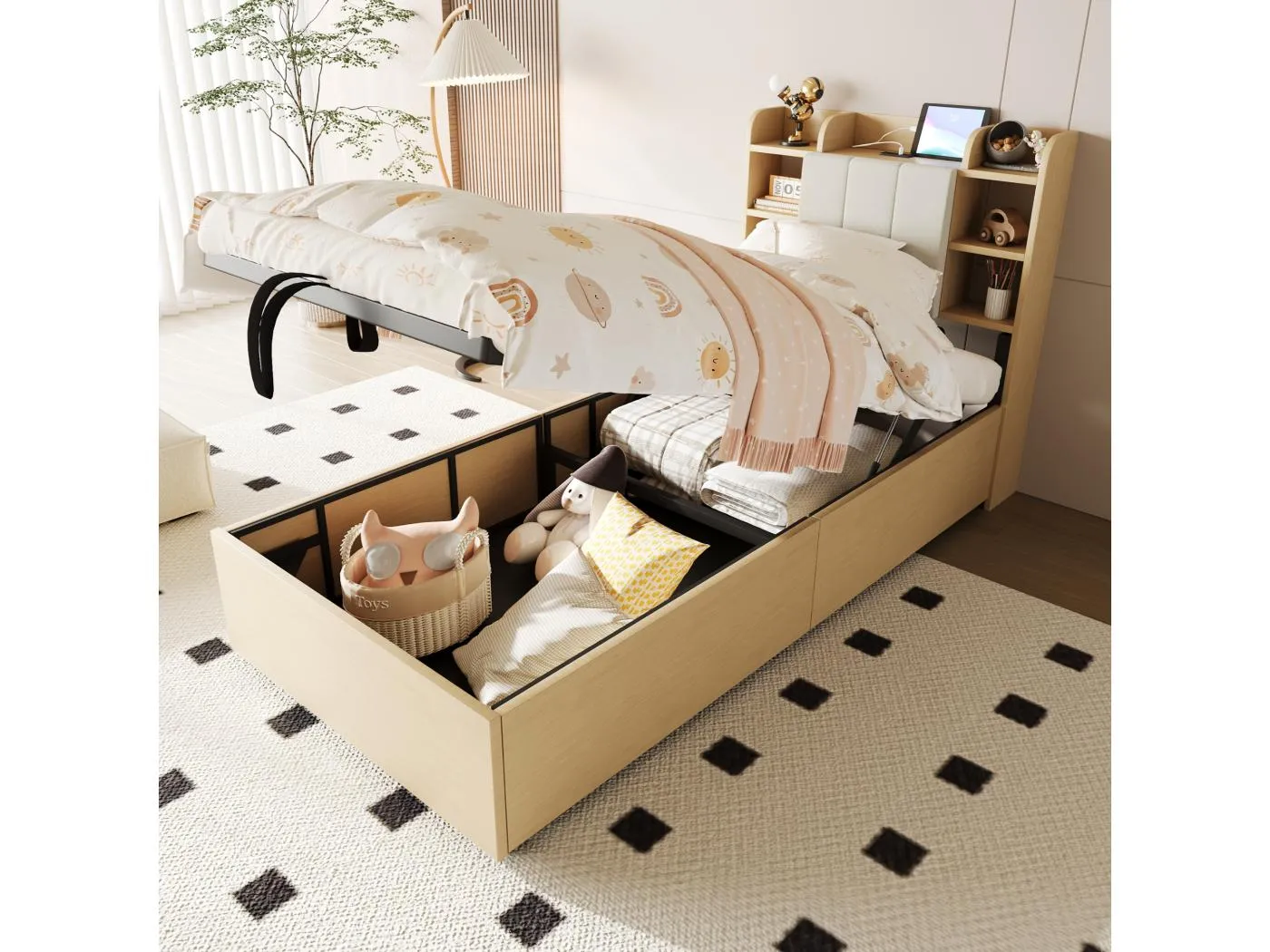 Bett mit Stauraum 90 x 200 cm, Kopfteil mit Stauraum und USB-Anschluss, Naturholz – ohne Matratze