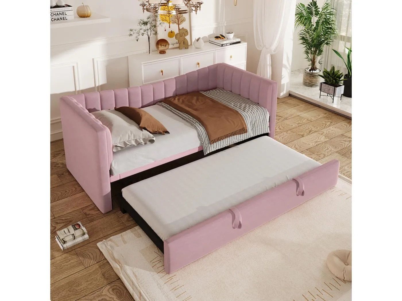 Schlafsofa 90/180 x 200 cm, rosa Samt, Doppelbett mit Ausziehbett und Lattenrost – ohne Matratze