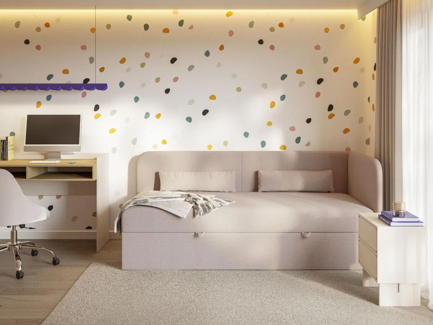 Jugendbett 90x200 mit Bettkasten – Chenille-Bezug – Kopfteil rechts – Dunkelbeige – CALMMO