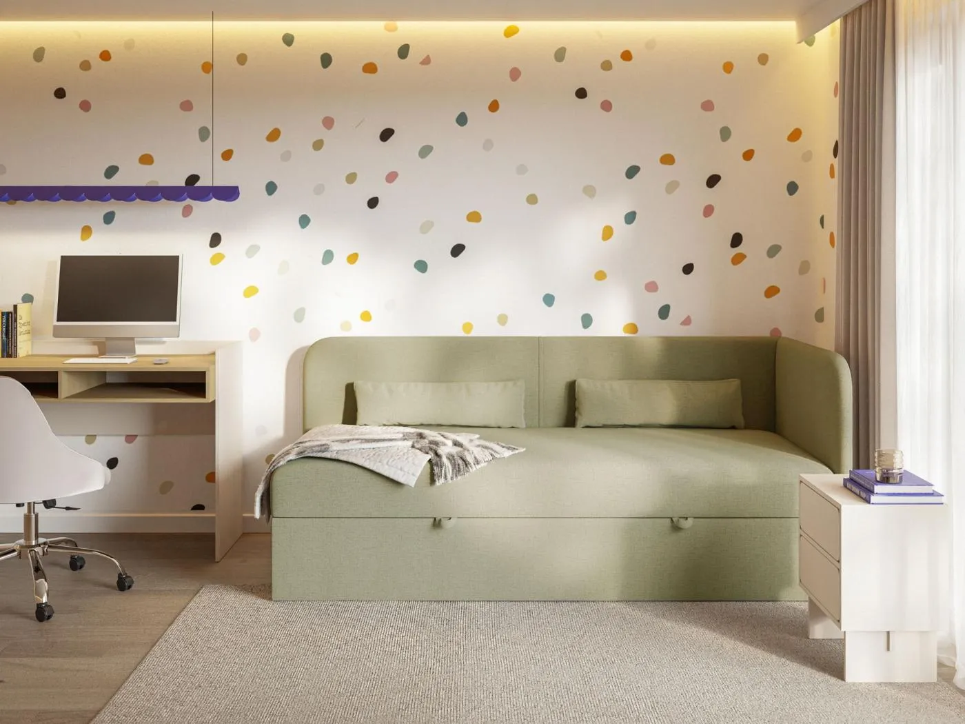 Jugendbett 90x200 mit Bettkasten – Chenille-Bezug – Kopfteil rechts – Olivgrün – CALMMO