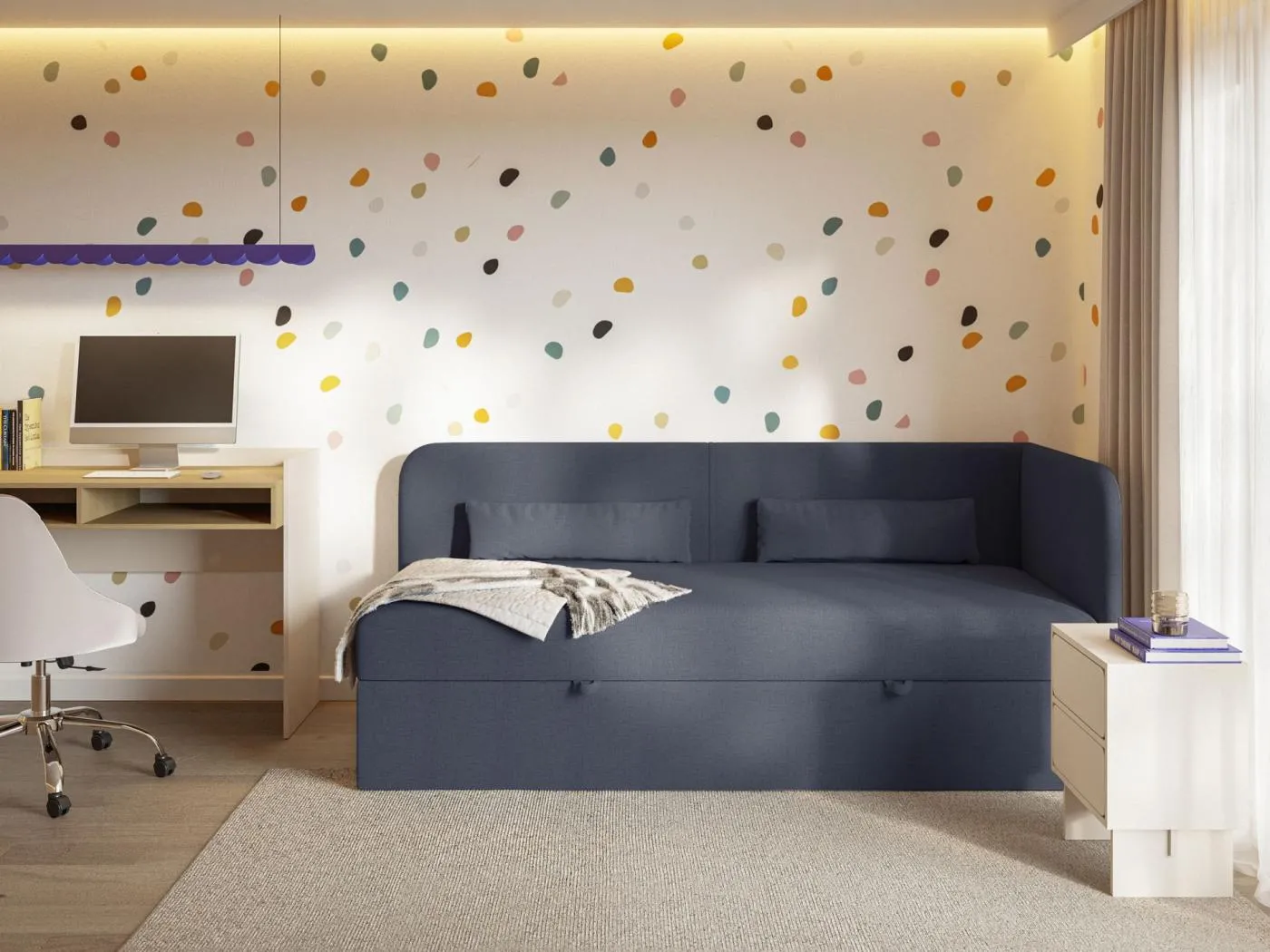 Jugendbett 90x200 mit Bettkasten – Chenille-Bezug – Kopfteil rechts – Dunkelblau – CALMMO